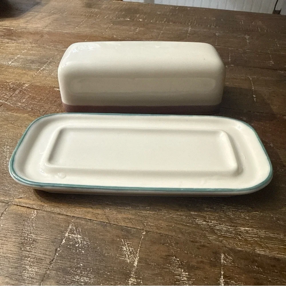Pfaltzgraff junior Cream Butter Dish with Teal and mauve Bands